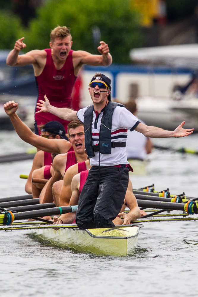 A winning crew erupts in celebration as they cross the line at Henley